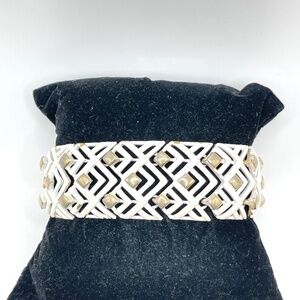 Monet Signed Vintage Gold Tone White Enamel Bracelet Up to 8 1/2"